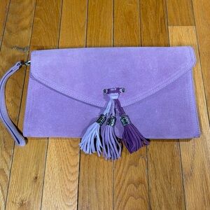 White House Black Market Purple Suede Leather Clutch Silver Hardware 3 Tassels